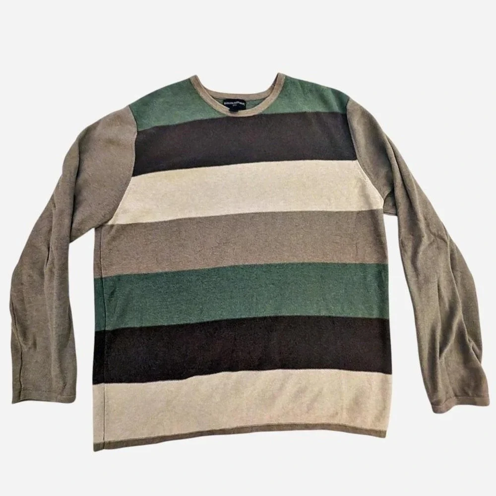 Banana Republic Womens Green Brown Striped 100% Cotton Crewneck Sweater‎ M